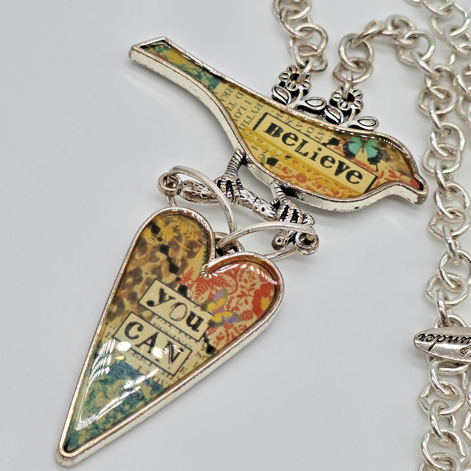 Plunder BELIEVE YOU CAN Silver Bird & Heart Pendant Mixed Media Necklace 30”