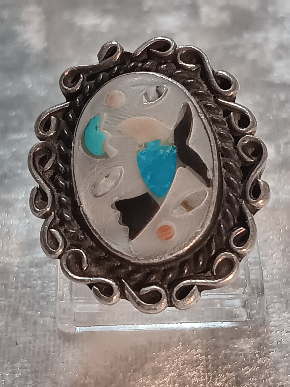 Vint. Zuni Sterling Blue Bird Inlay Mop, Coral, Turquoise, Onyx Ring Signed L