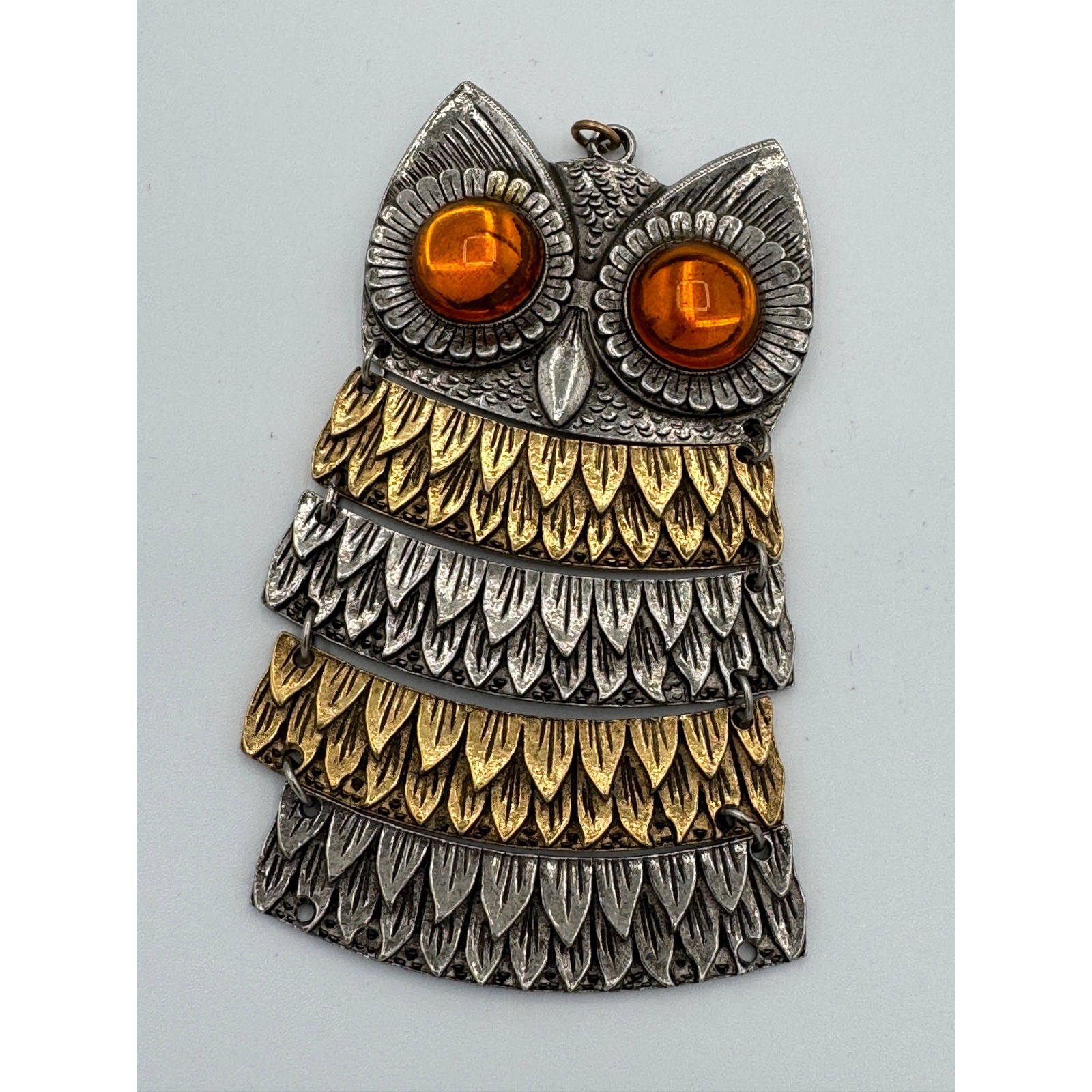 Park Lane Vintage Articulated Owl Pendant Silver Gold Tone Amber Eyes No Chain