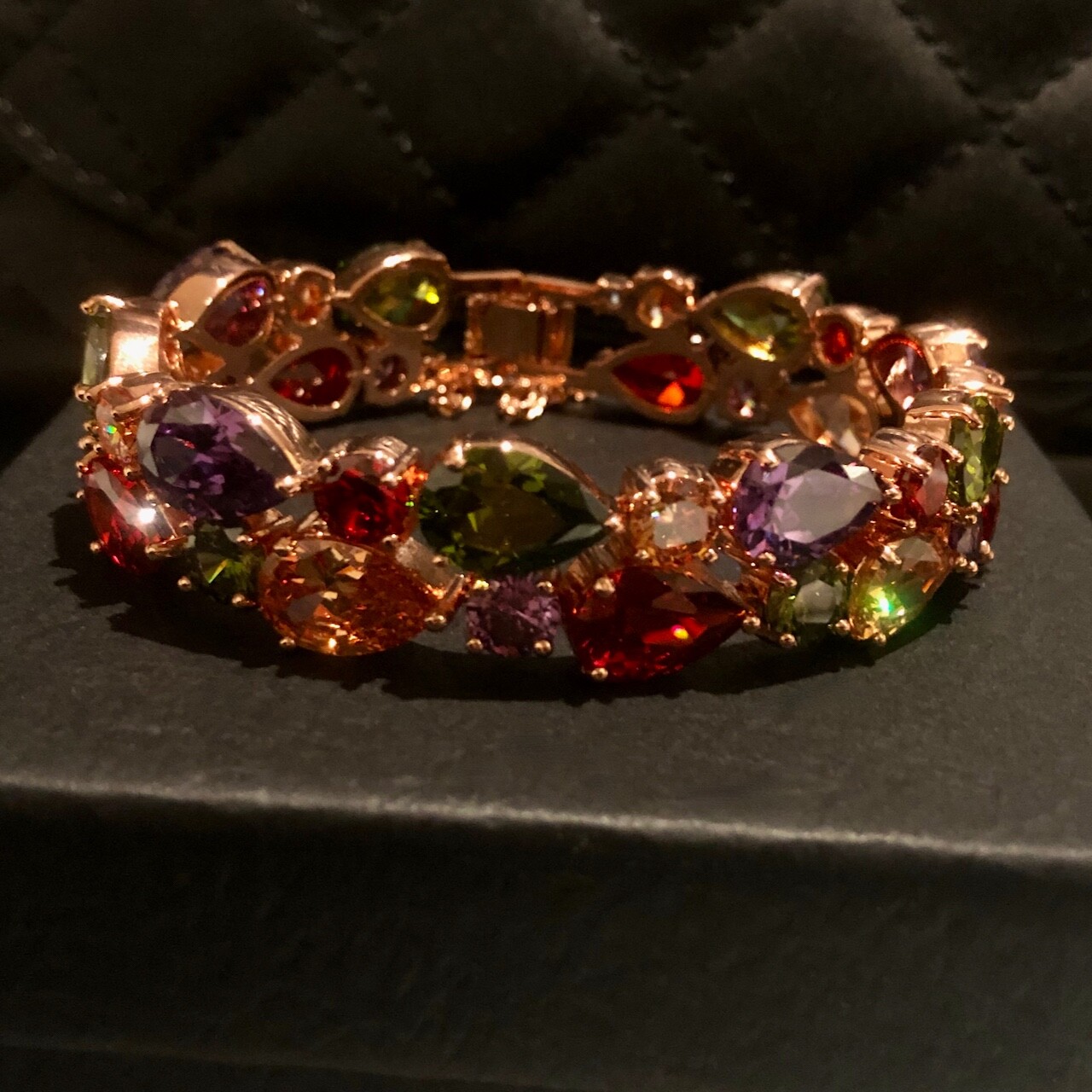 18k Rose Gold Filled Multicolor Tennis Bracelet made w Swarovski Crystal 6.5”