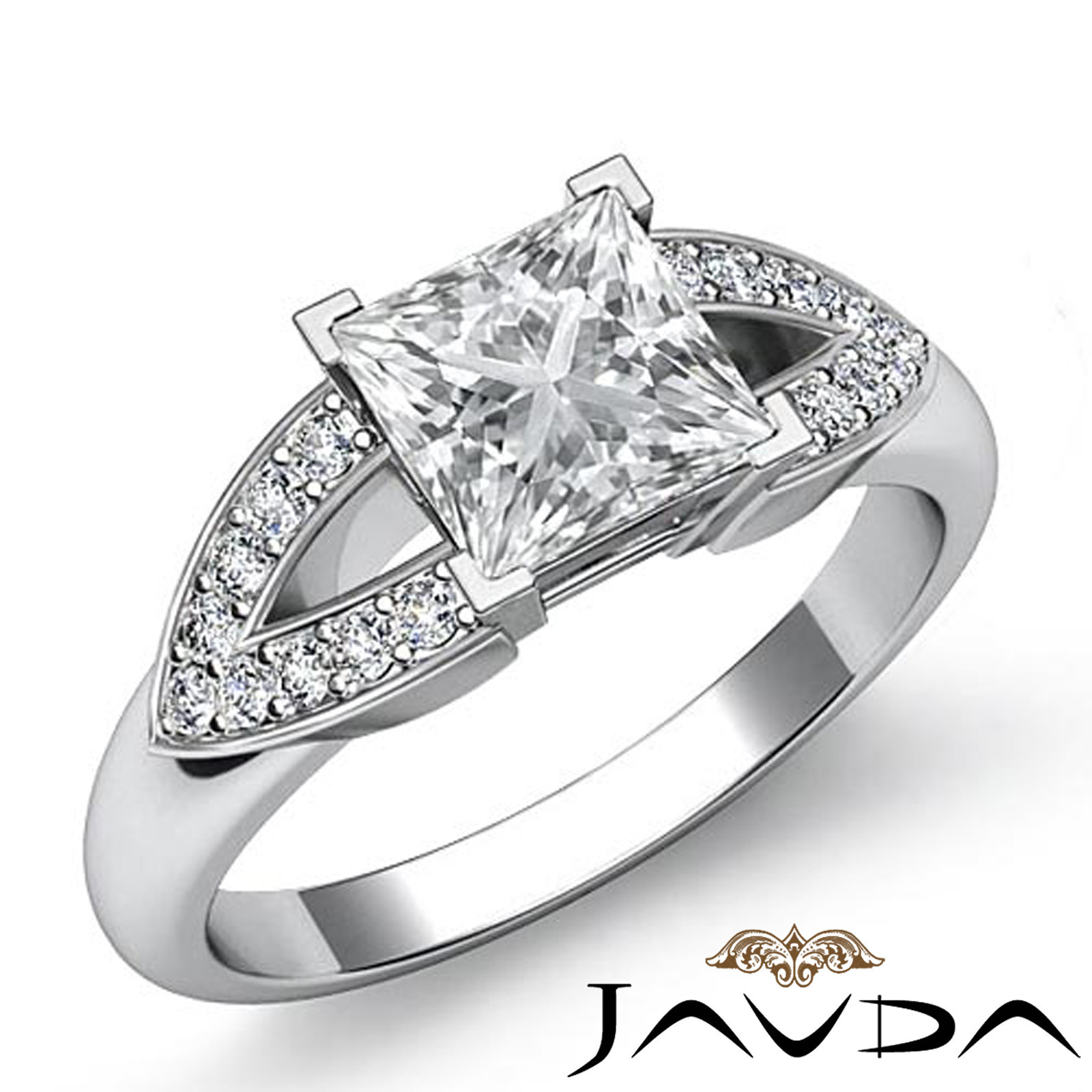 Princess Natural Diamond V Shaped Shank Engagement Pave Ring GIA G SI1 1.25 Ctw