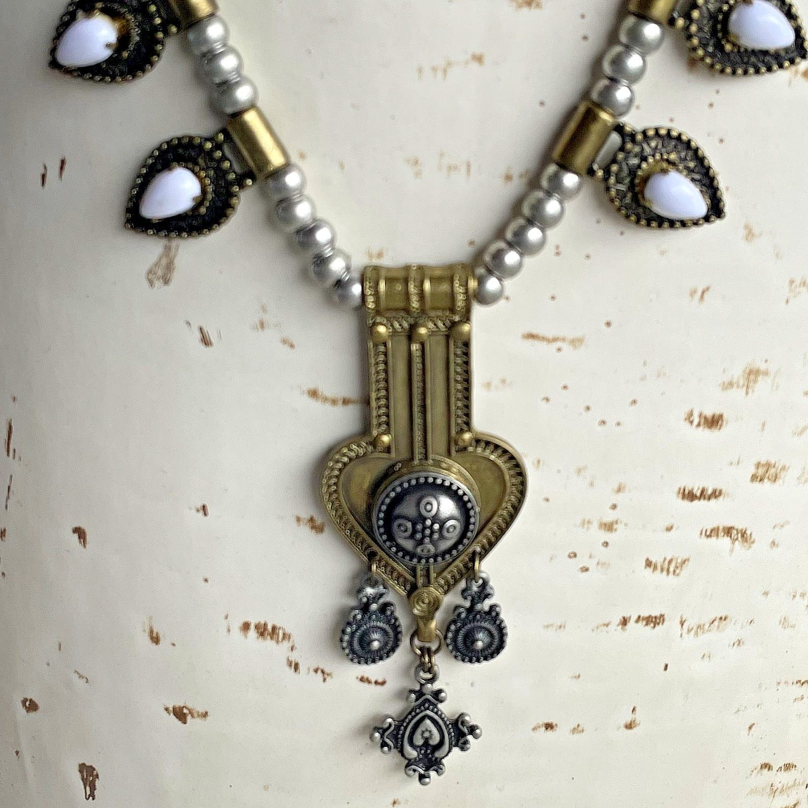 Vintage ELFE Italy White Resin Naja Squash Blossom Statement Pendant Necklace