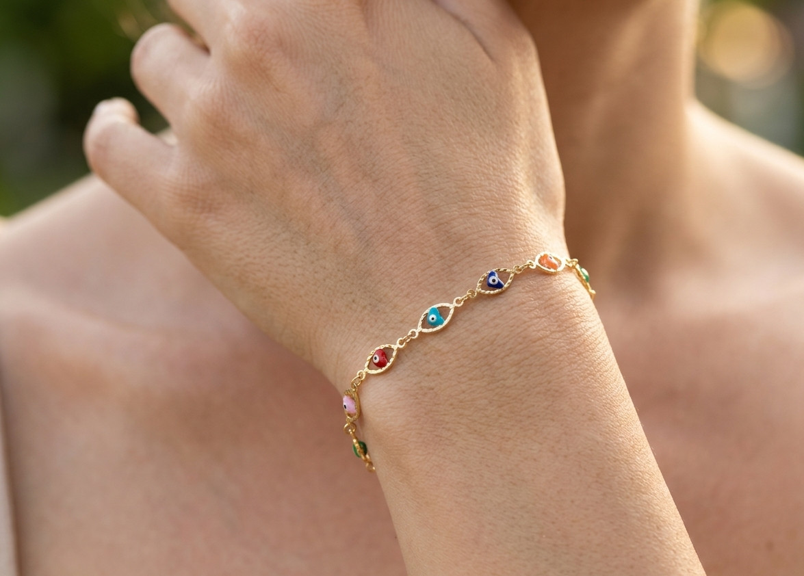 Chic 18K Gold Plated Evil Eye Bracelet for Women | Colorful Enamel Charm Chain