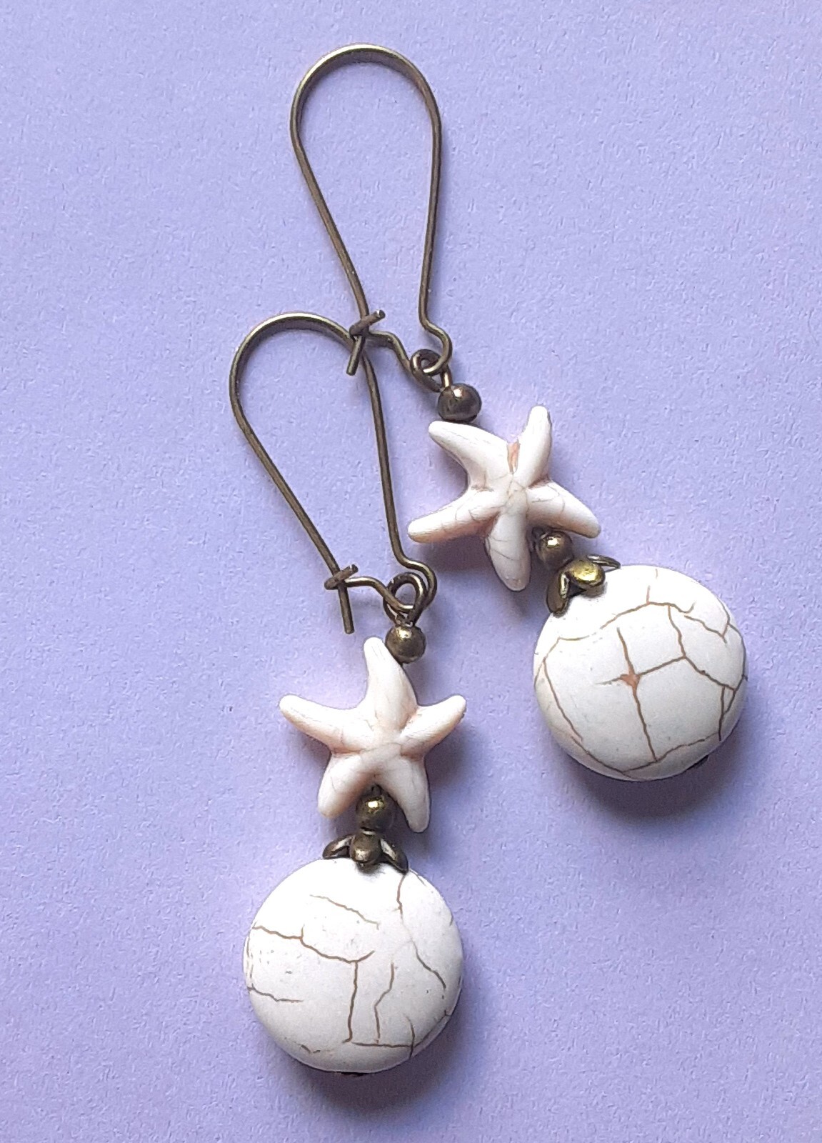 white STARFISH theme TURQUOISE dangle BRONZE KIDNEY WIRE handcrafted XGET