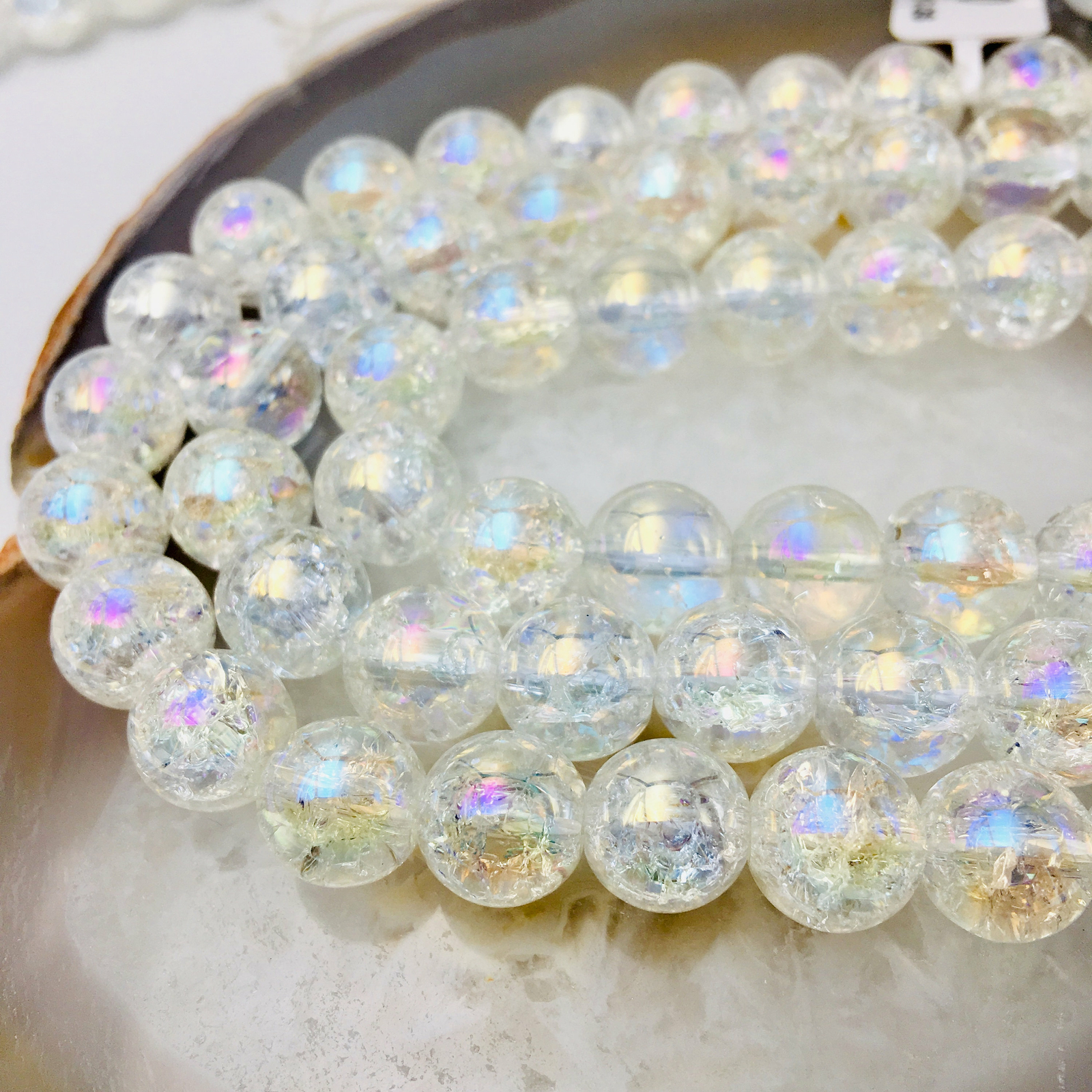AB Coated Crackle Quartz Crystal Smooth Round Beads 6mm 8mm 10mm 15.5″ Strand