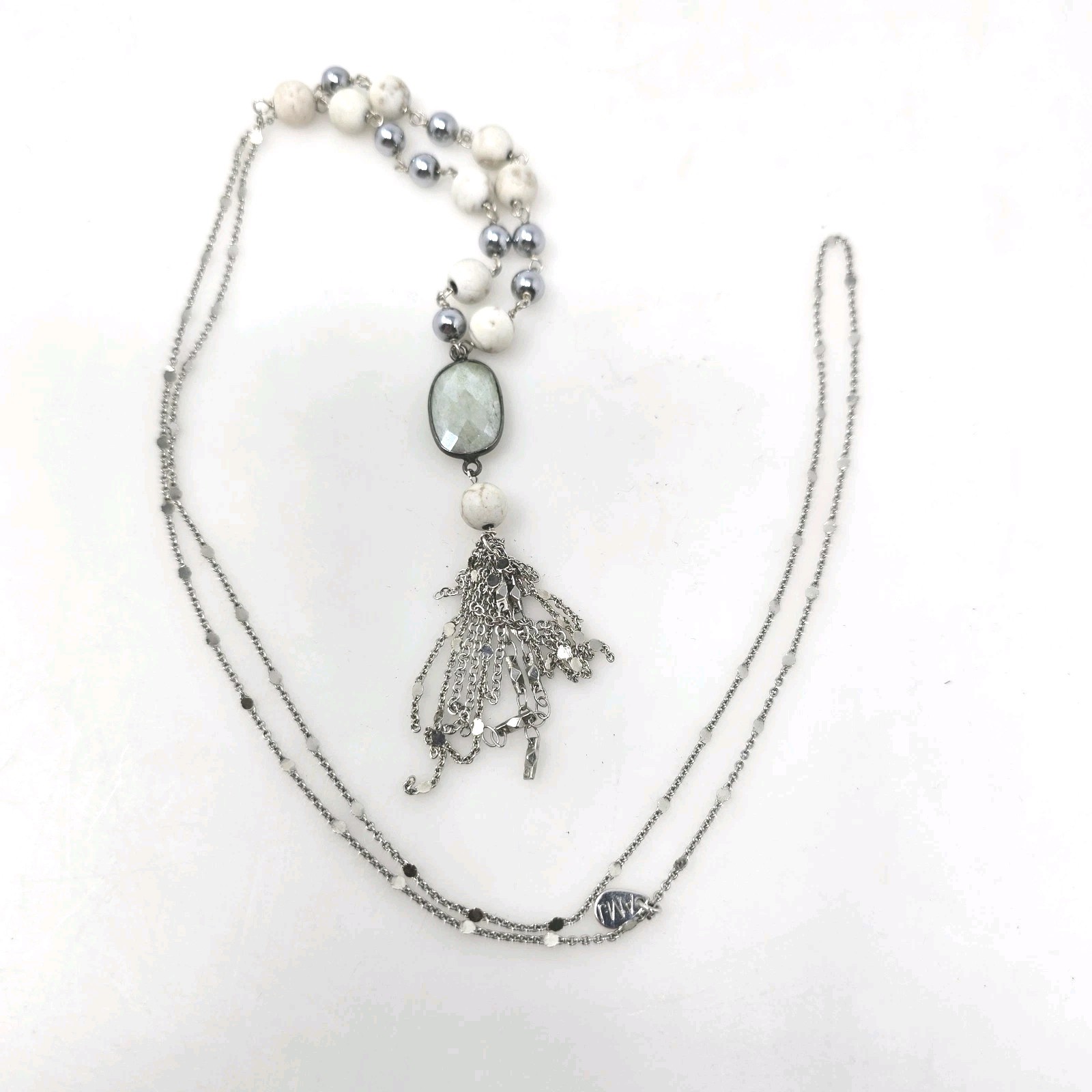 AMJ 34″ Beaded Tassel Necklace Faceted Crystal Pendant Silver Tone Long