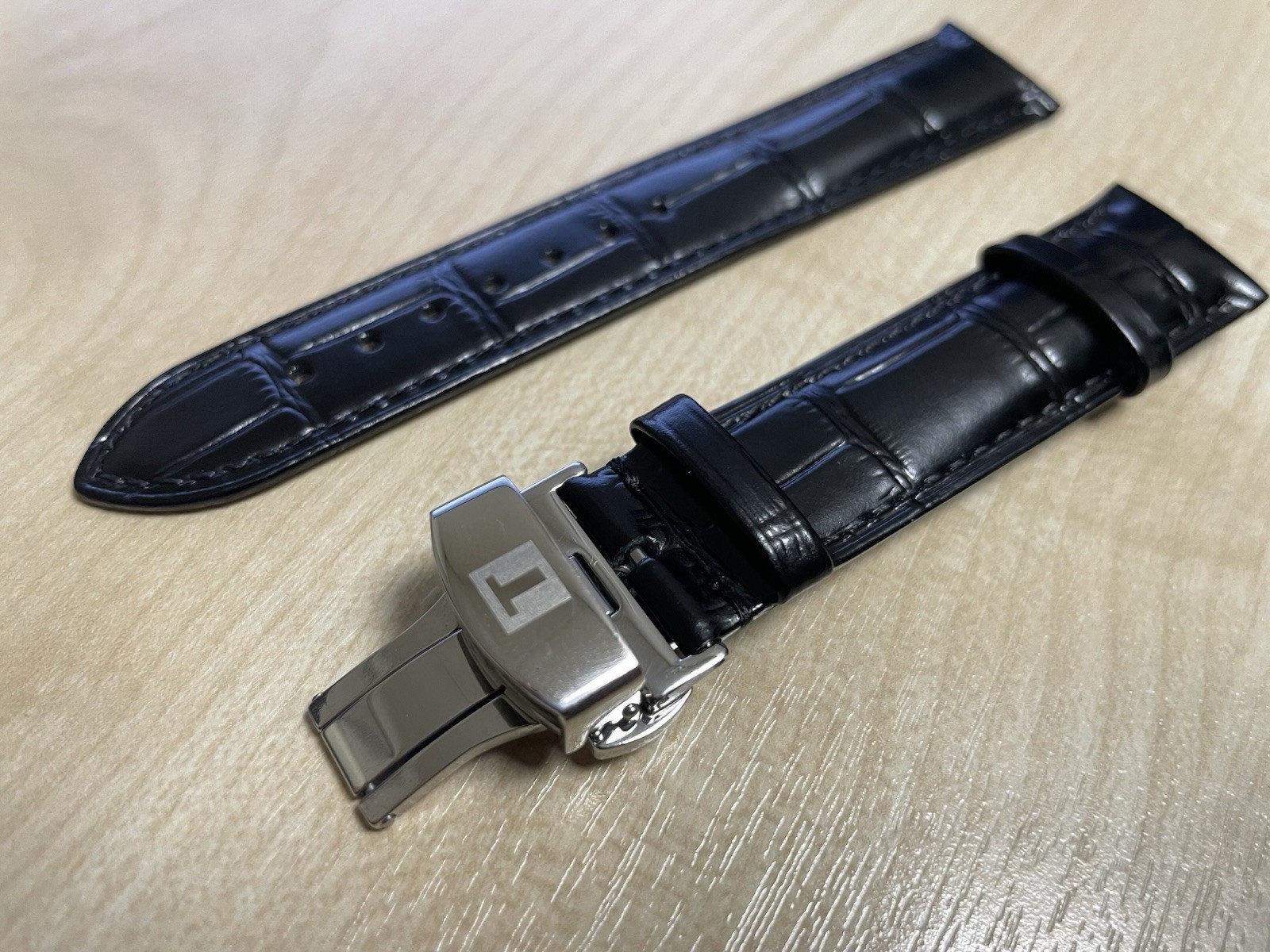 19/20mm Tissot Black Leather Watch Strap With Deployment push button Clasp
