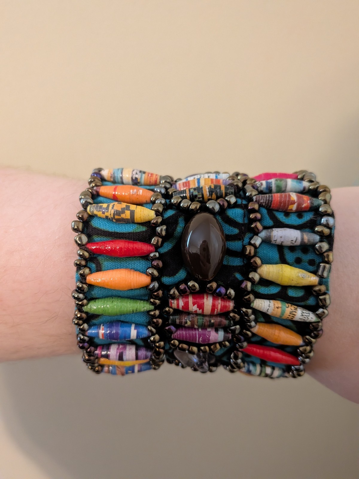 Handmade African Paper Bead Cuff Bracelet Multicolor Fabric Wrap Adjustable Boho
