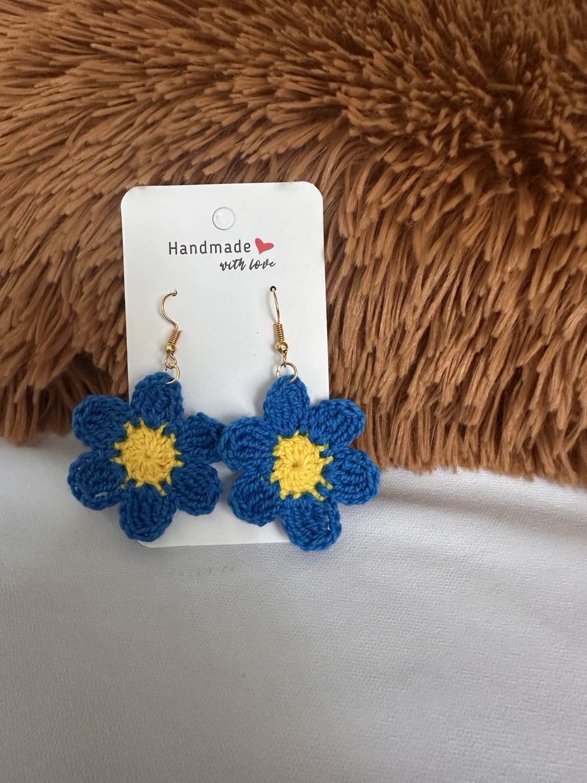 Handmade Crochet Flower Earrings – Blue& Yellow Bloom