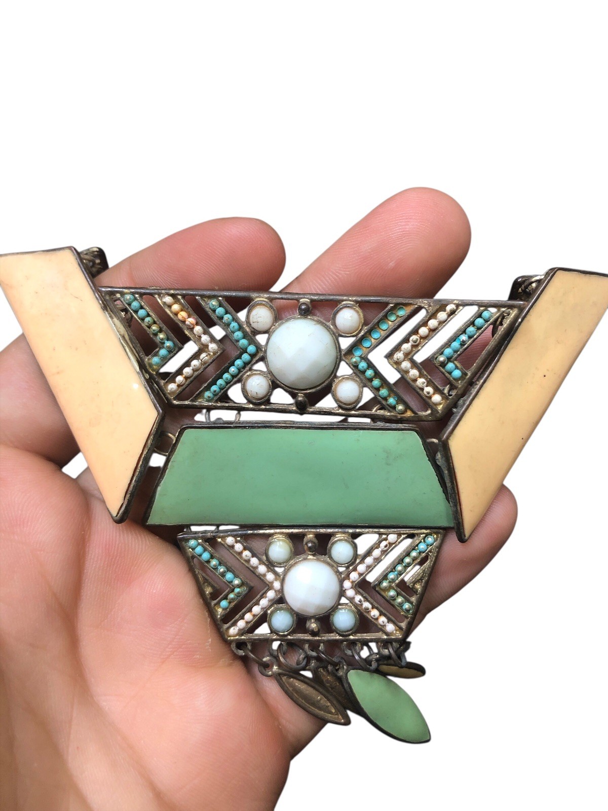 Vintage Antique Copper Statement Necklace Tribal Boho Multicolor Pendant