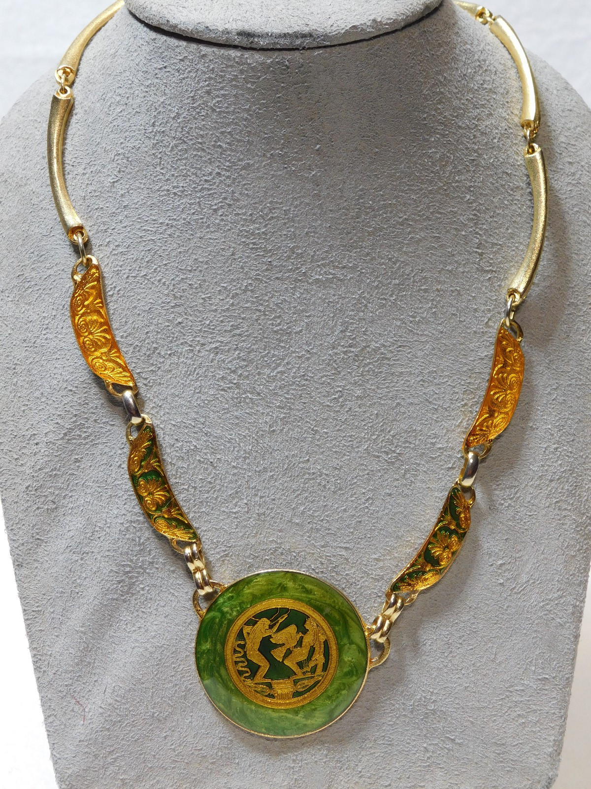Nice, Metal and Enamel Greek Theme 16″ Pendant Necklace in Good Condition