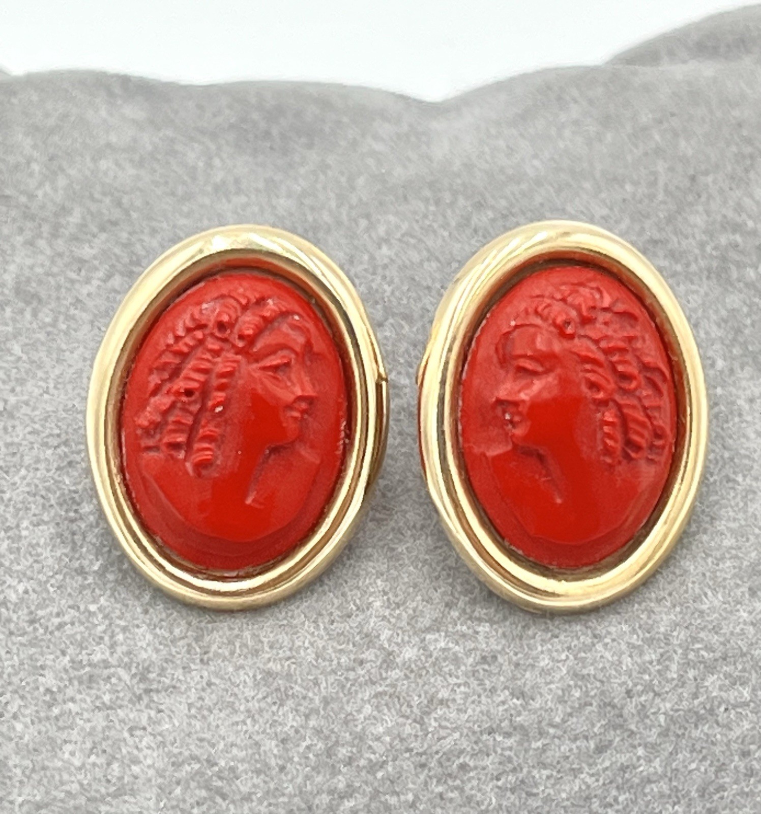 16mm Red Coral Paste 14kt Gold Cameo Earrings – Vintage Handmade