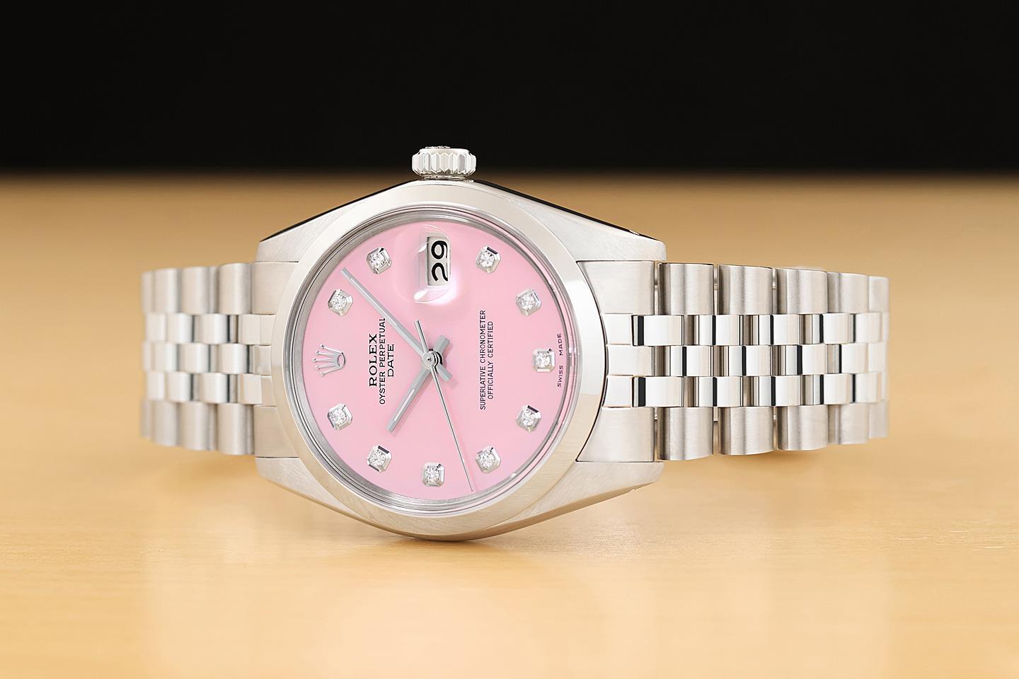 ROLEX OYSTER PERPETUAL DATE 34MM 1500 PINK DIAMOND DIAL STAINLESS STEEL WATCH