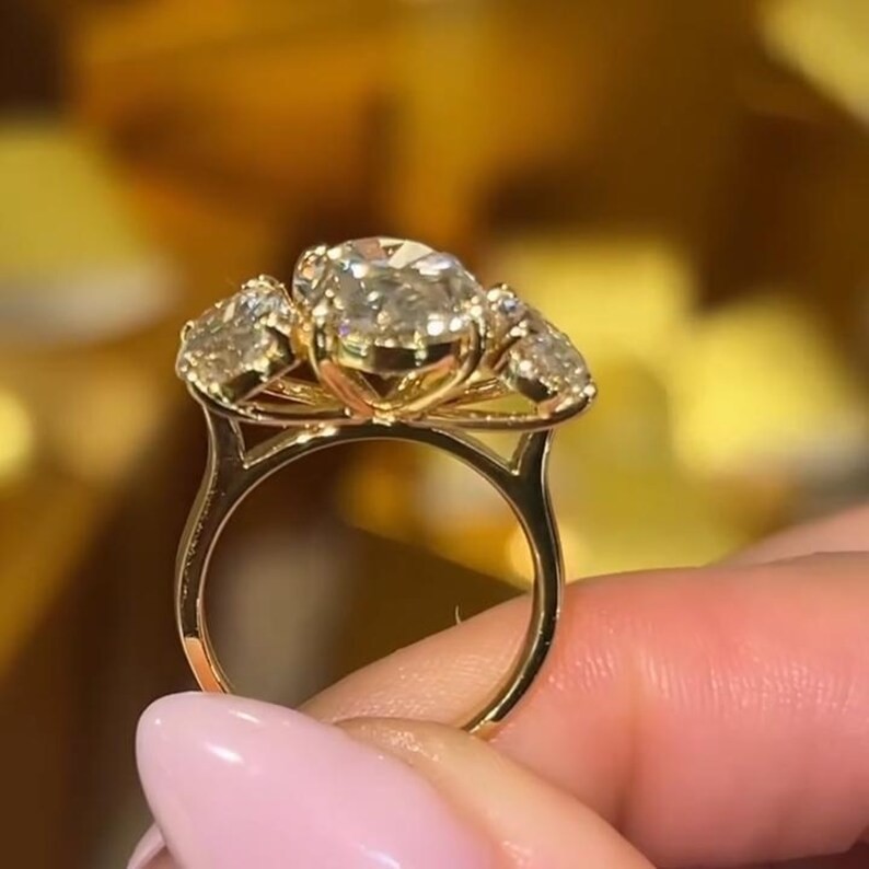 Oval Moissanite Three Stone 14K Gold Trilogy Engagement Ring Gift For Her