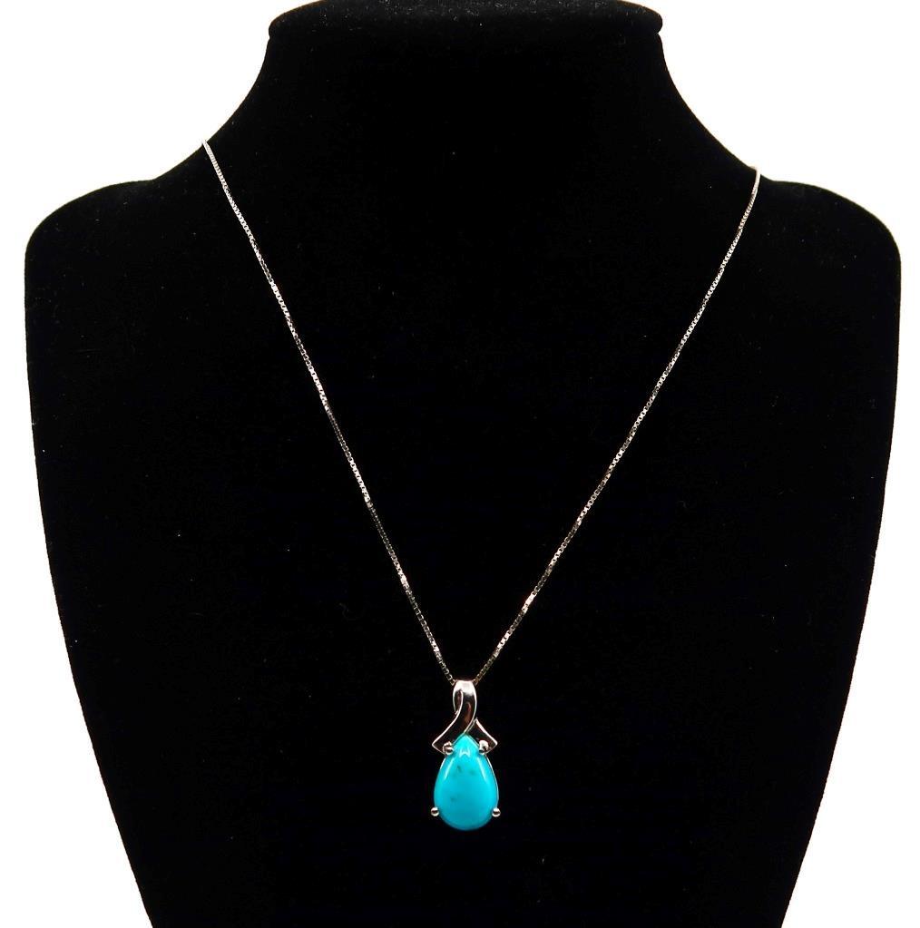 BBJ, Bangkok, Sterling Silver 925 Tear Drop Turquoise Pendant & Necklace, 18-20″