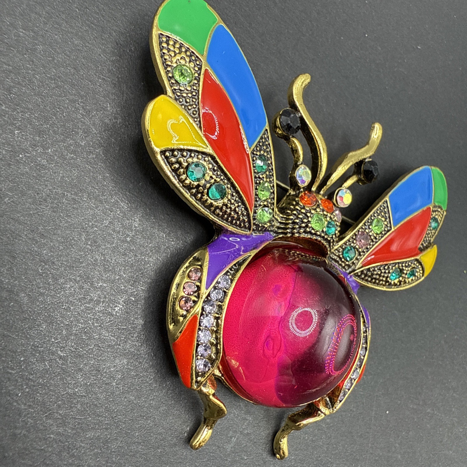 Large Bee Brooch Pin Pink Belly Colorful Wings J26