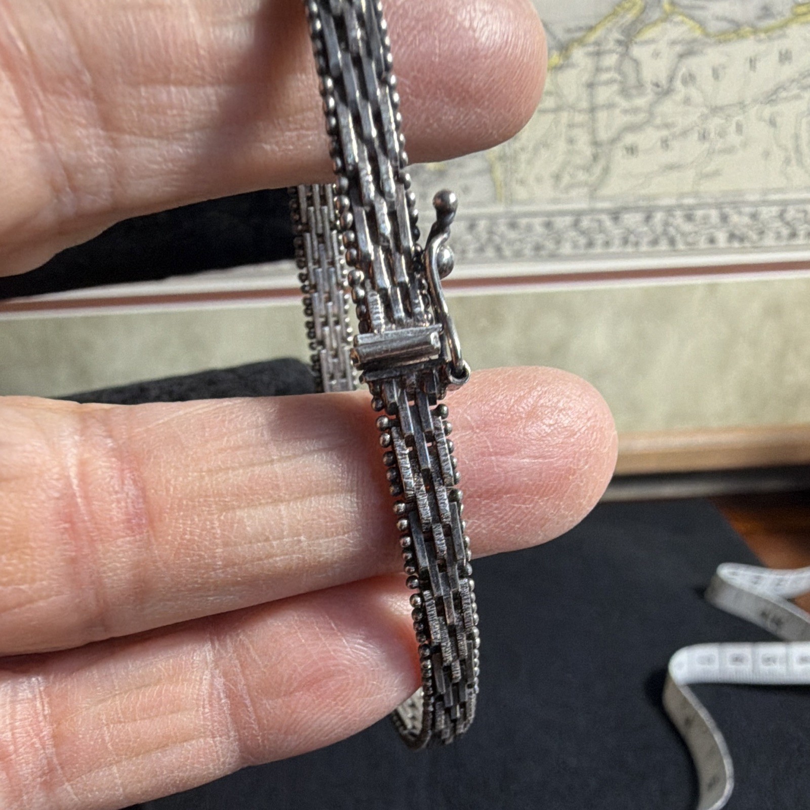 Vtg. Sterling Brick & Bead pattern Bracelet, Box Clasp, No Stone