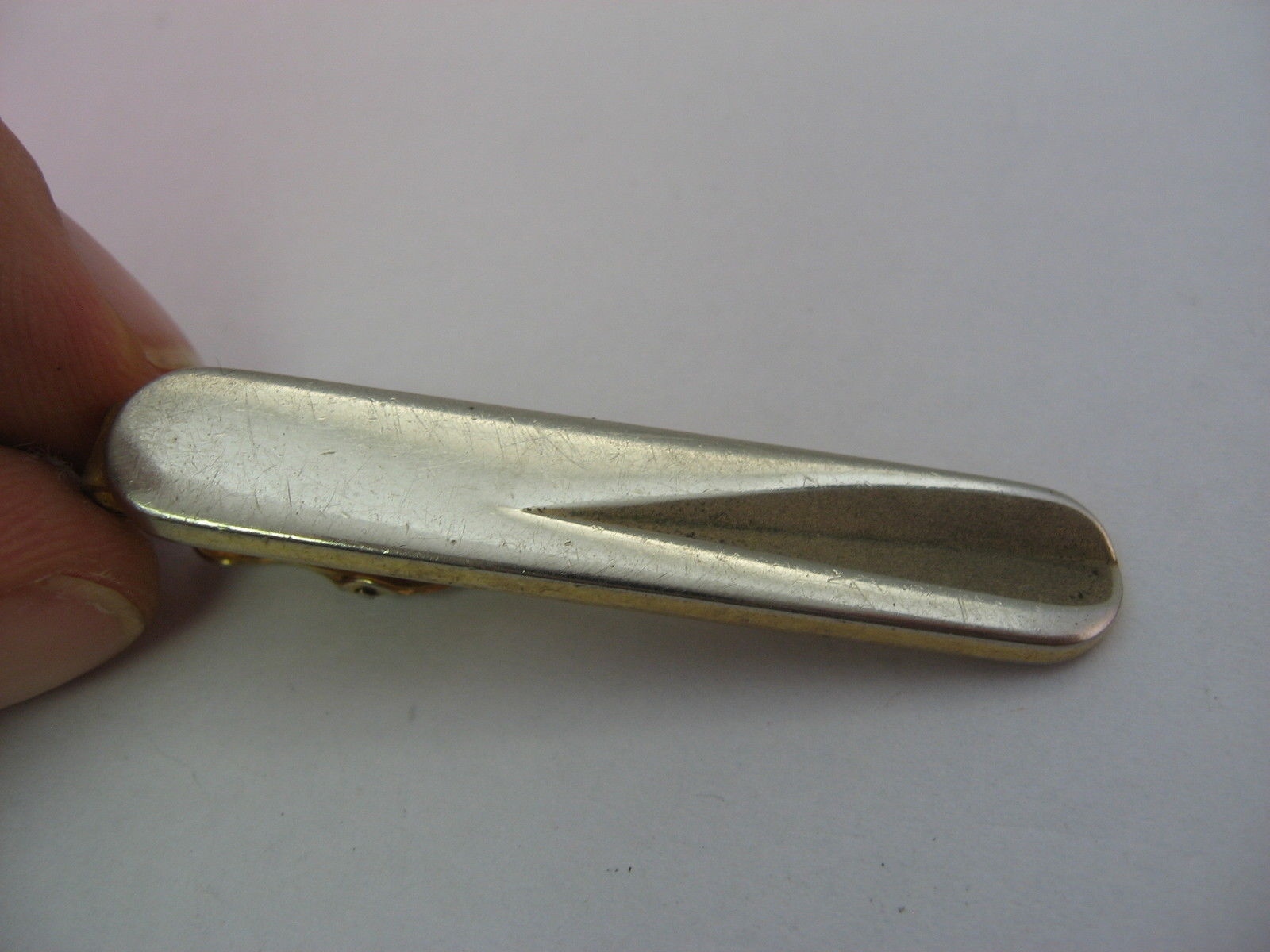 Vintage MCM Tie Bar Clip Silver & Gold Tone Modernist V-Groove Design Mens