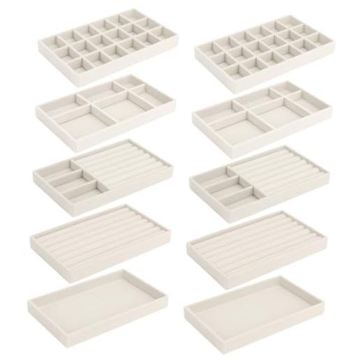 10 Pack Jewelry Organizer Tray Drawer Inserts Stackable Velvet Liner Beige