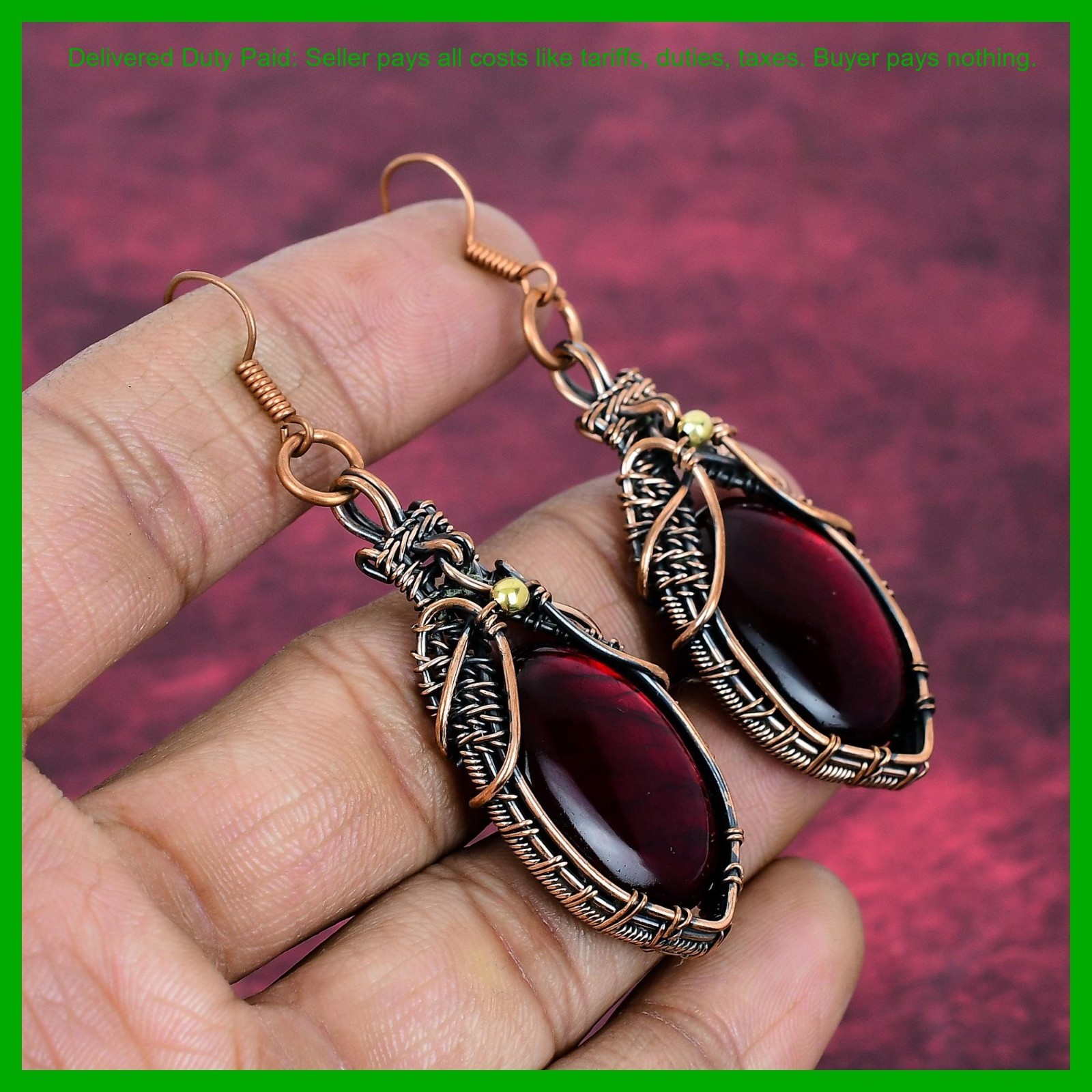 Red Fire Labradorite Gemstone Copper Dangle Drop Wire Wrapped Earrings Jewelry