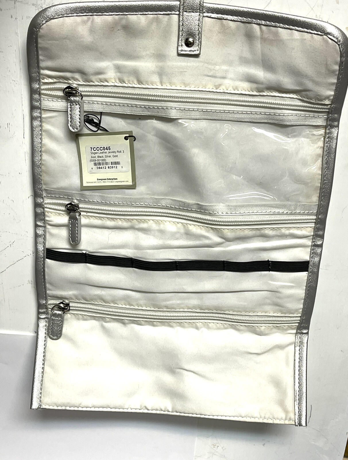 Vegan Leather Jewelry Roll Travel Organizer Silver 11×15” By Evergreen NEW