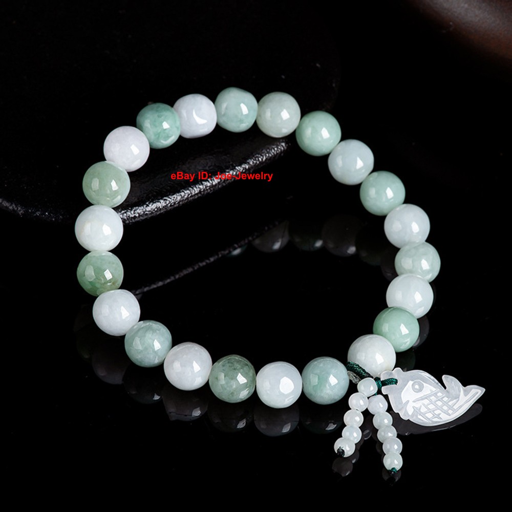 1pcs NEW Natural Grade A Jade 8.8mm Bead Women’s Bracelet Fish Charm 15-16cm