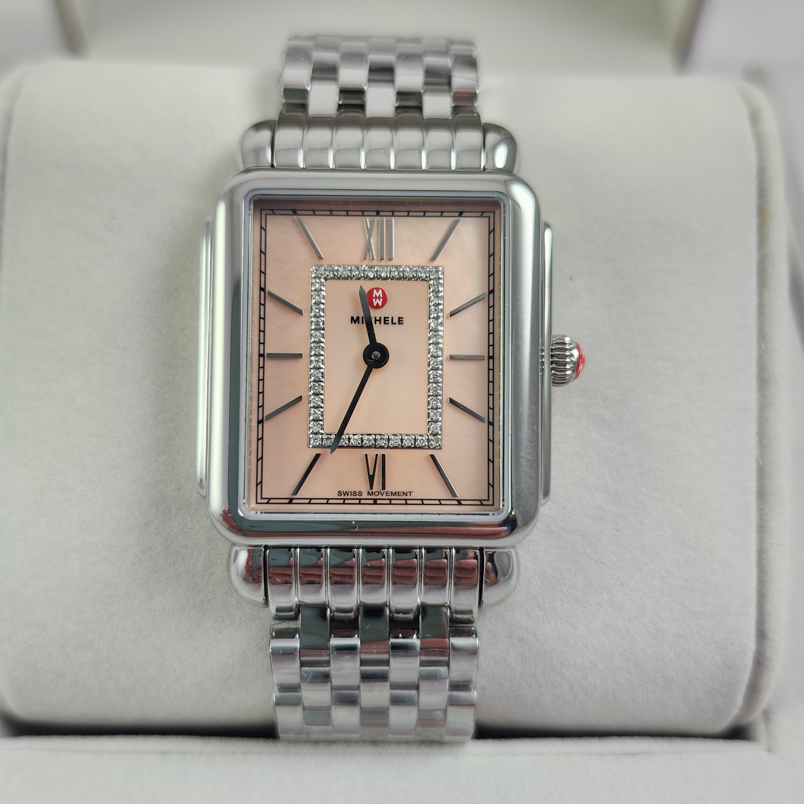 NEW Michele Deco II Silver & Diamond Pink Blush Watch MWW06X000051 NWT + Box