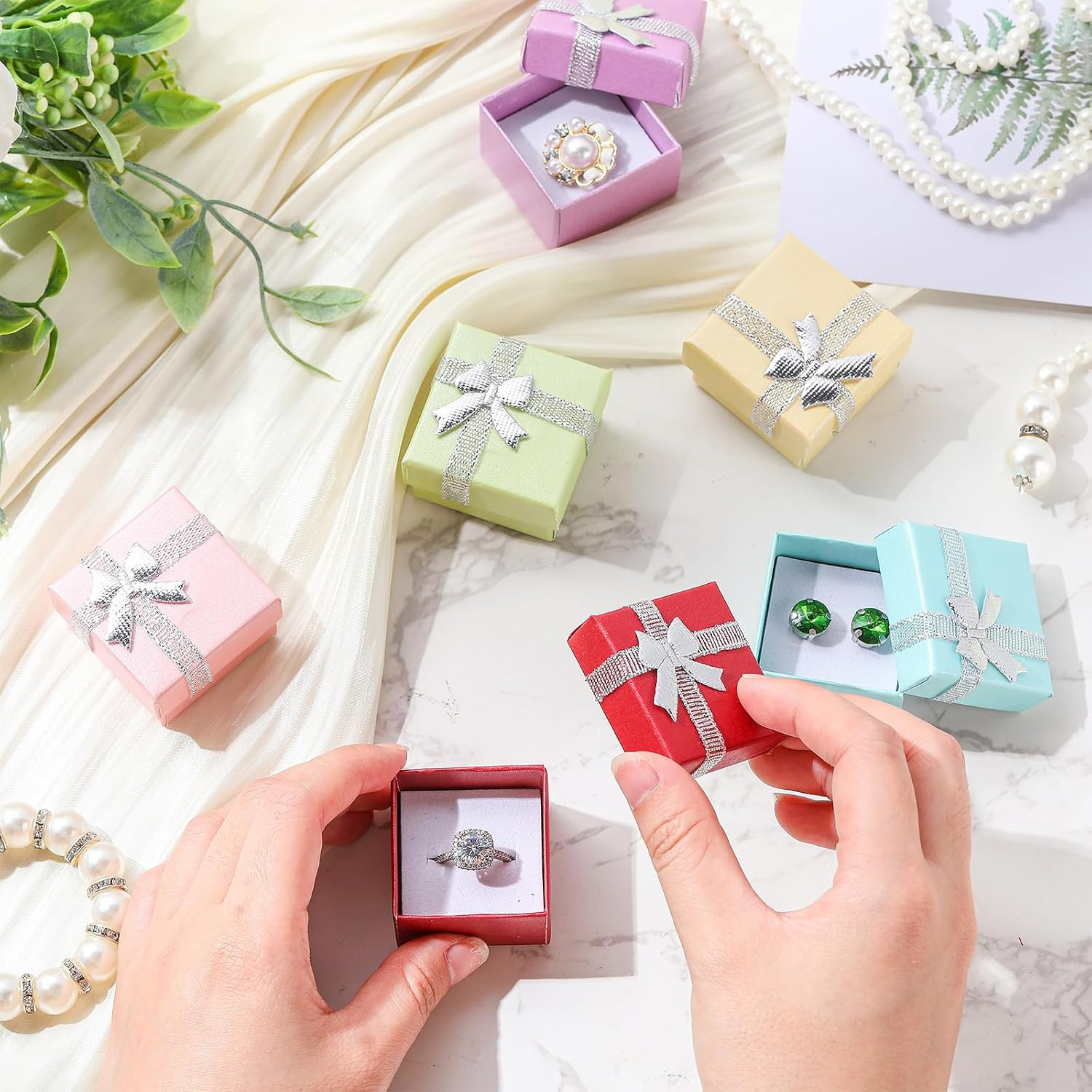 72 Pcs Ring Boxes Bulk Cardboard Jewelry Gift Box with Ribbon Bow Small Gift