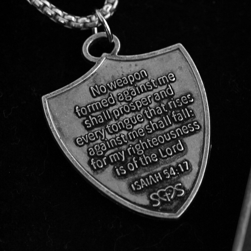 Mens Silver Bible Verse Isaiah Cross Shield Pendant Christian Necklace Chain 24″