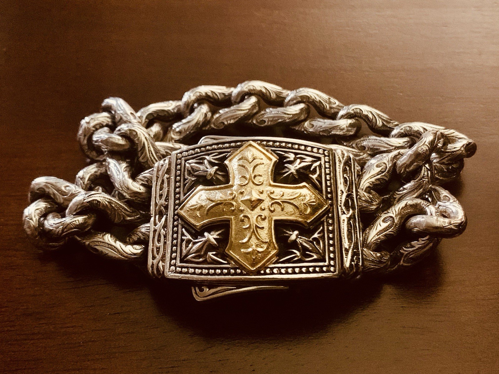 RARE Scott Kay UNKAGED 18K/Sterling Silver MASTERPIECE Gold Cross Bracelet 8”