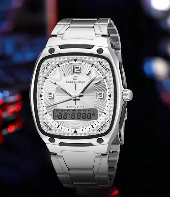 Men’s Alloy Square Watch Dual Display Quartz + Electronic Multi Functions 3Atm