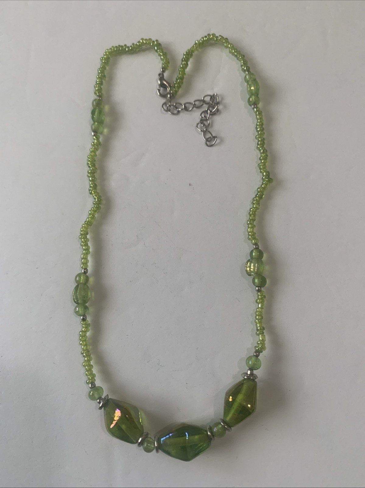 Artisan Green Glass Beaded Necklace Mixed Beads Lampwork Boho N85