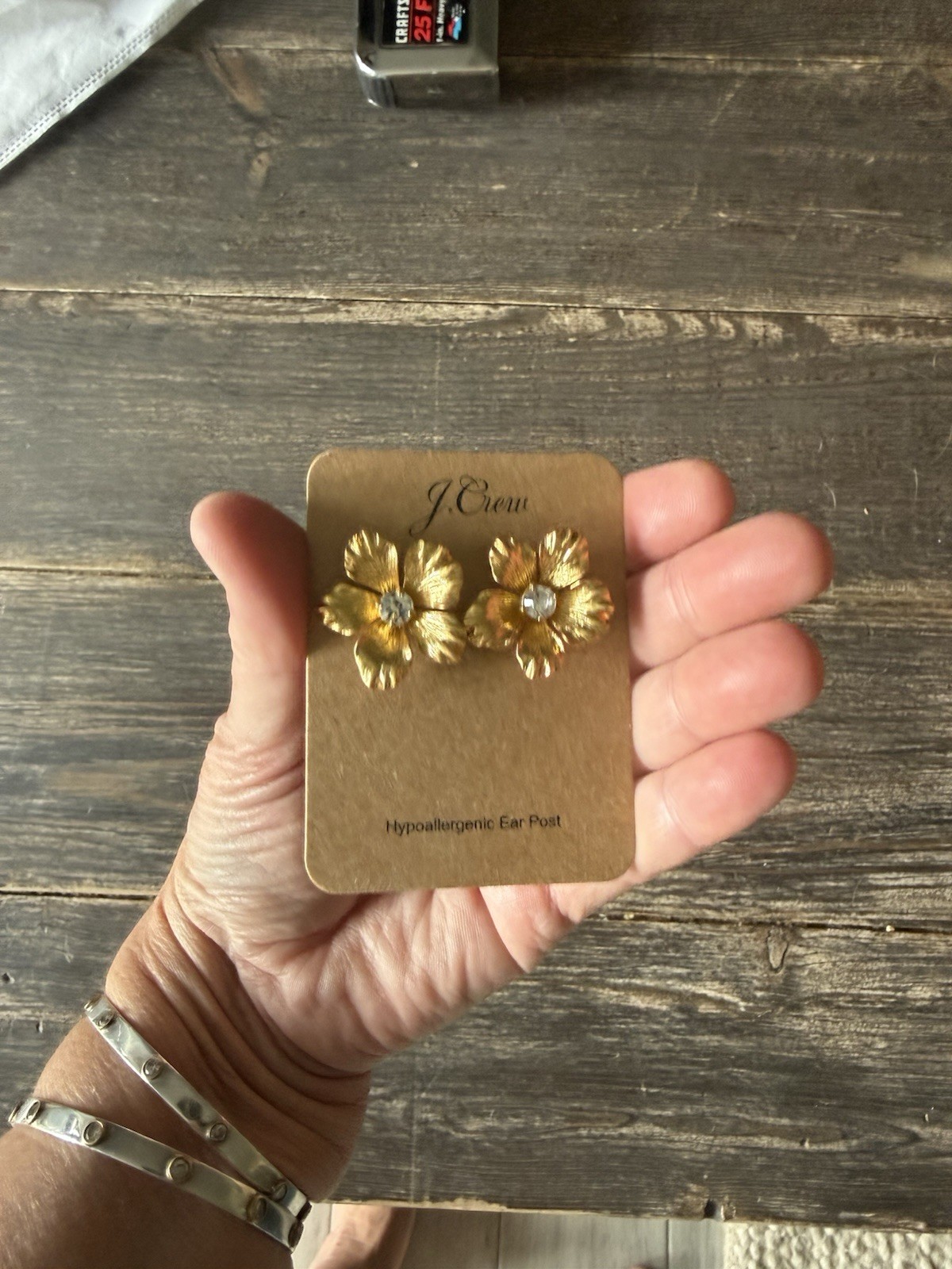 J.Crew Gold Tone Flower Stud Earrings Clear Crystal Center Hypoallergenic EG7360