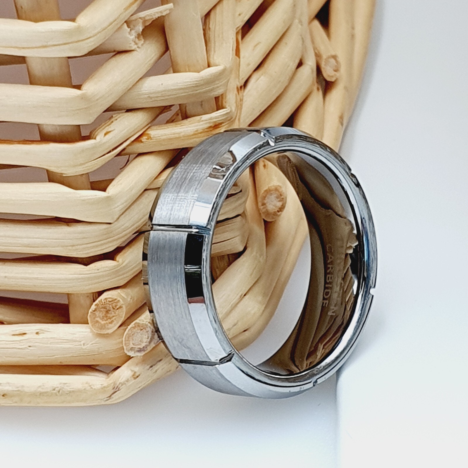 Mens Wedding Band Satin Brushed Ring High Polished Beveled Edges Tungsten Ring