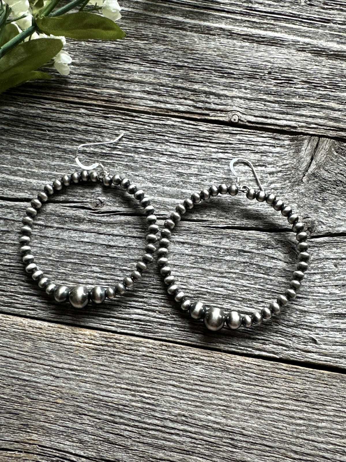 Sterling Silver Oxidized Pearls Bead Hoop Earrings. 2.6 Inch