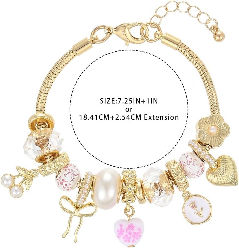 Charming Gold Adjustable Bracelet with Heart & Flower Ceramic Charms for Women