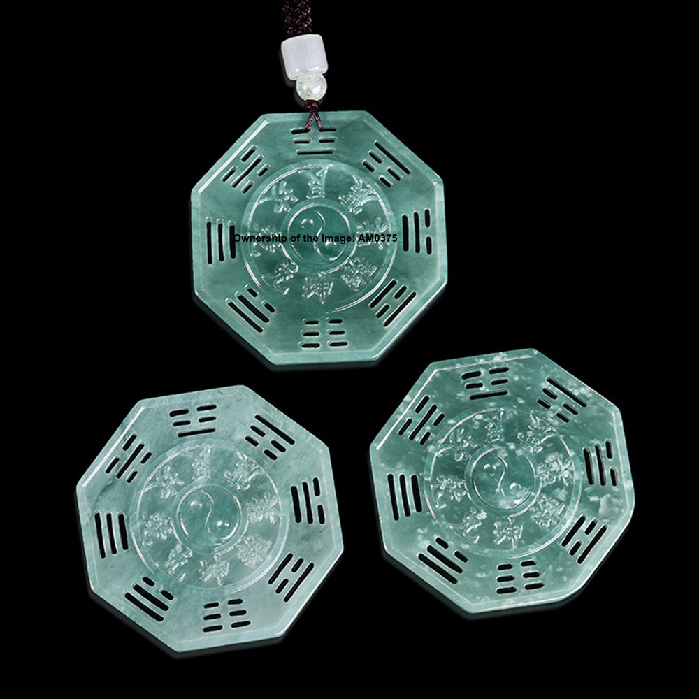 Natural Grade A Blue Water Jadeite Double Sided Tai Chi Bagua Pendant Feng Shui