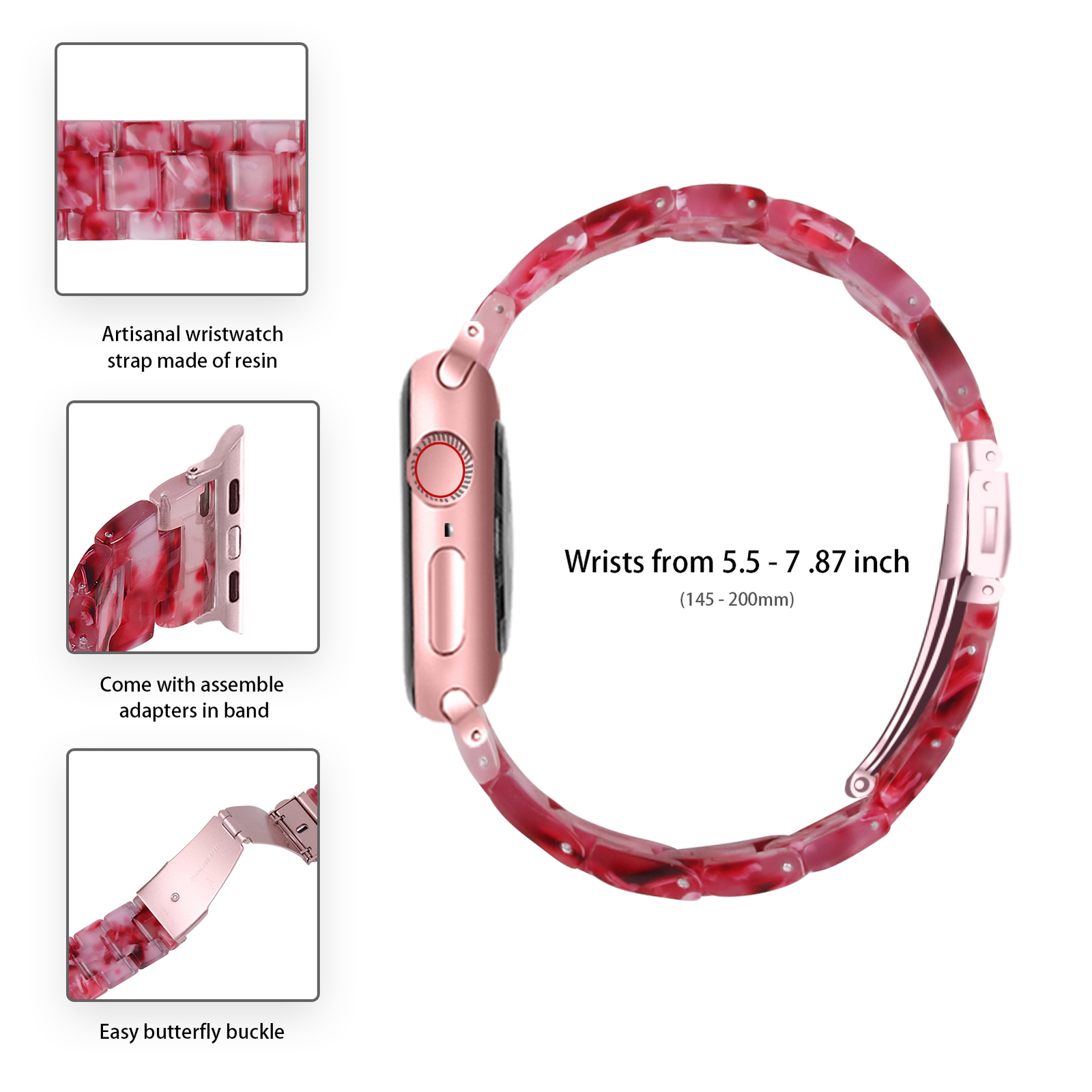 Fashion Resin Stainless Steel Watch Strap Band for Apple Watch 8/7/SE/6/5/4/3/2