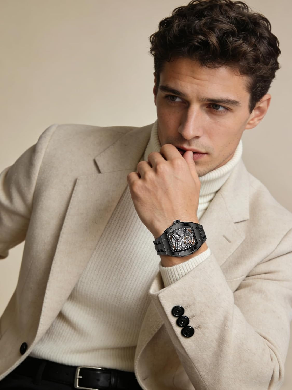 Luxury Skeleton Automatic Men’s Watch – 50M Waterproof Tonneau Dial