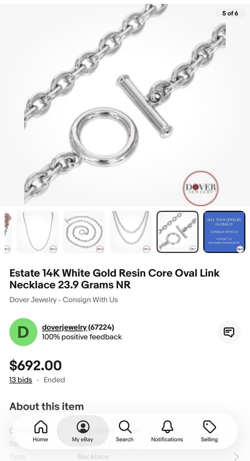 Estate 14K White Gold Resin Core Oval Link Necklace 23.9 Grams NR