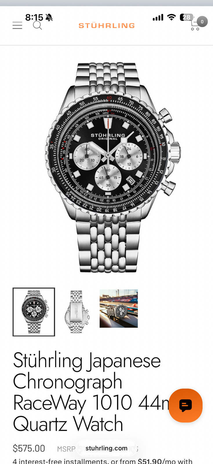 Stuhrling Japanese Chronograph RaceWay 1010 44mm Stainless Steel Quartz Watch