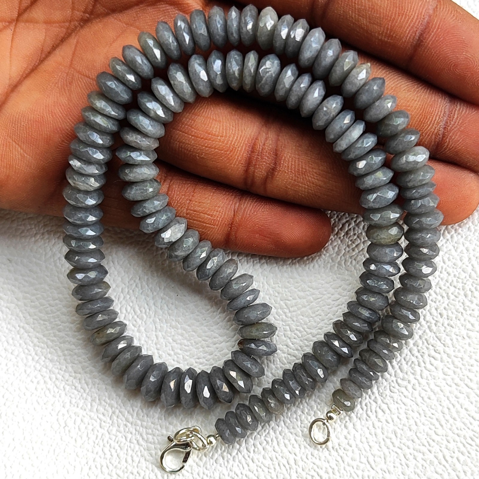 16.5″ Natural Grey Moonstone Gemstone Necklace 7-9mm Faceted German Cut Beads