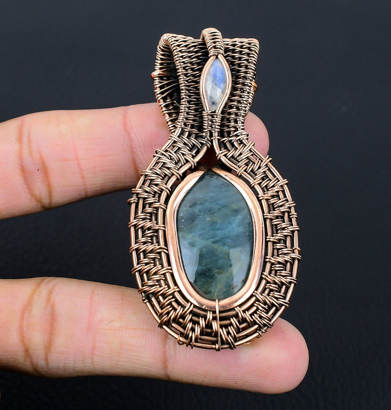 Neon Blue Apatite Handmade Gemstones Copper Wire Wrapped Moonstone Pendant