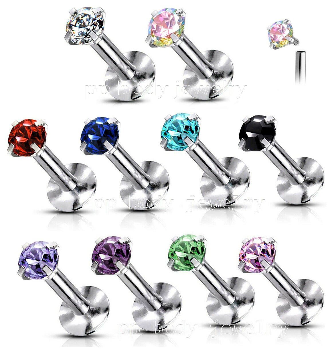 16G Surgical Steel Internally Threaded Prong Set CZ Tragus Labret Stud 1/4″-3/8″