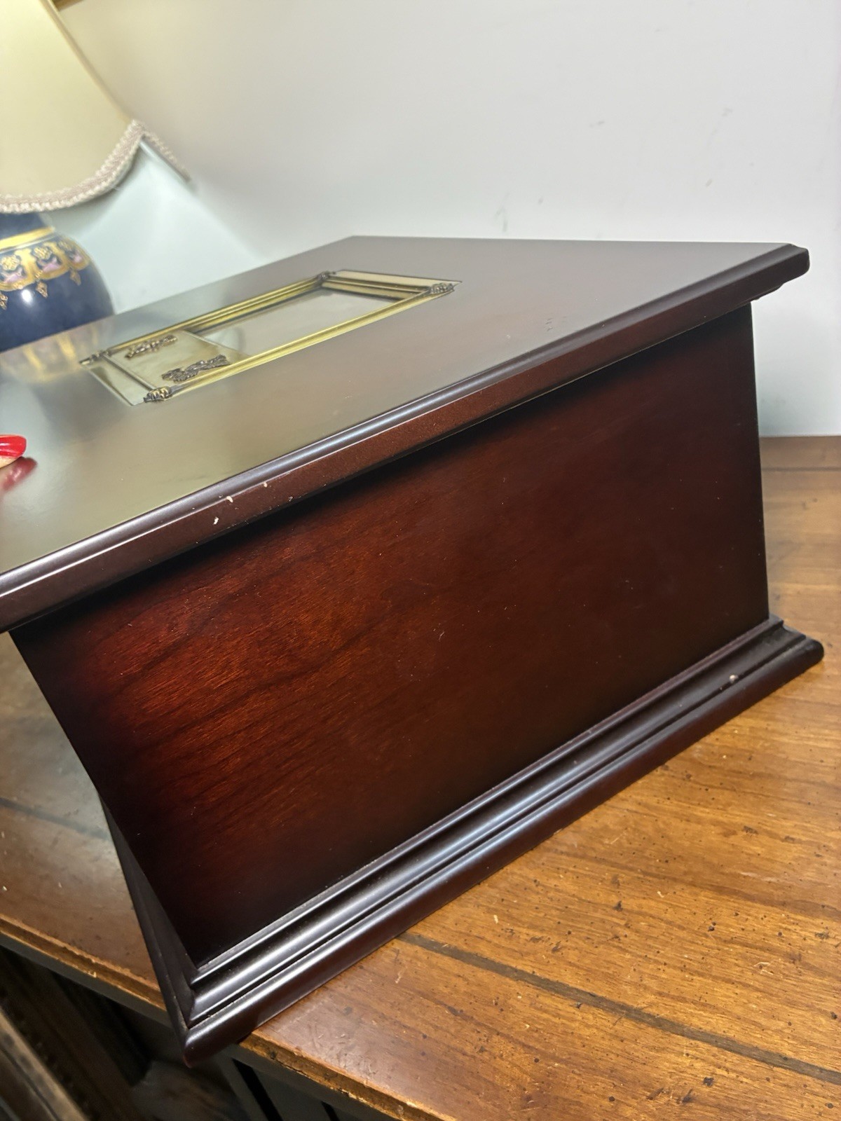 Vintage Bombay Co Large Mahogany Wooden Keepsake Jewelry Box Brass Picture Frame