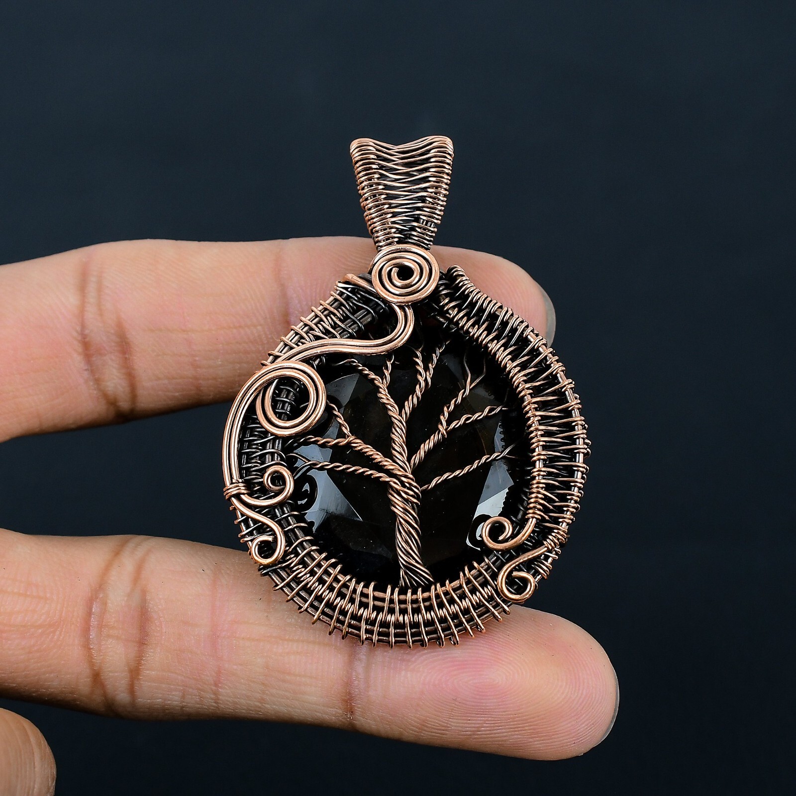 Tree Of Life Smoky Quartz Gemstone Copper Wire Wrapped Pendant Jewelry LC-268