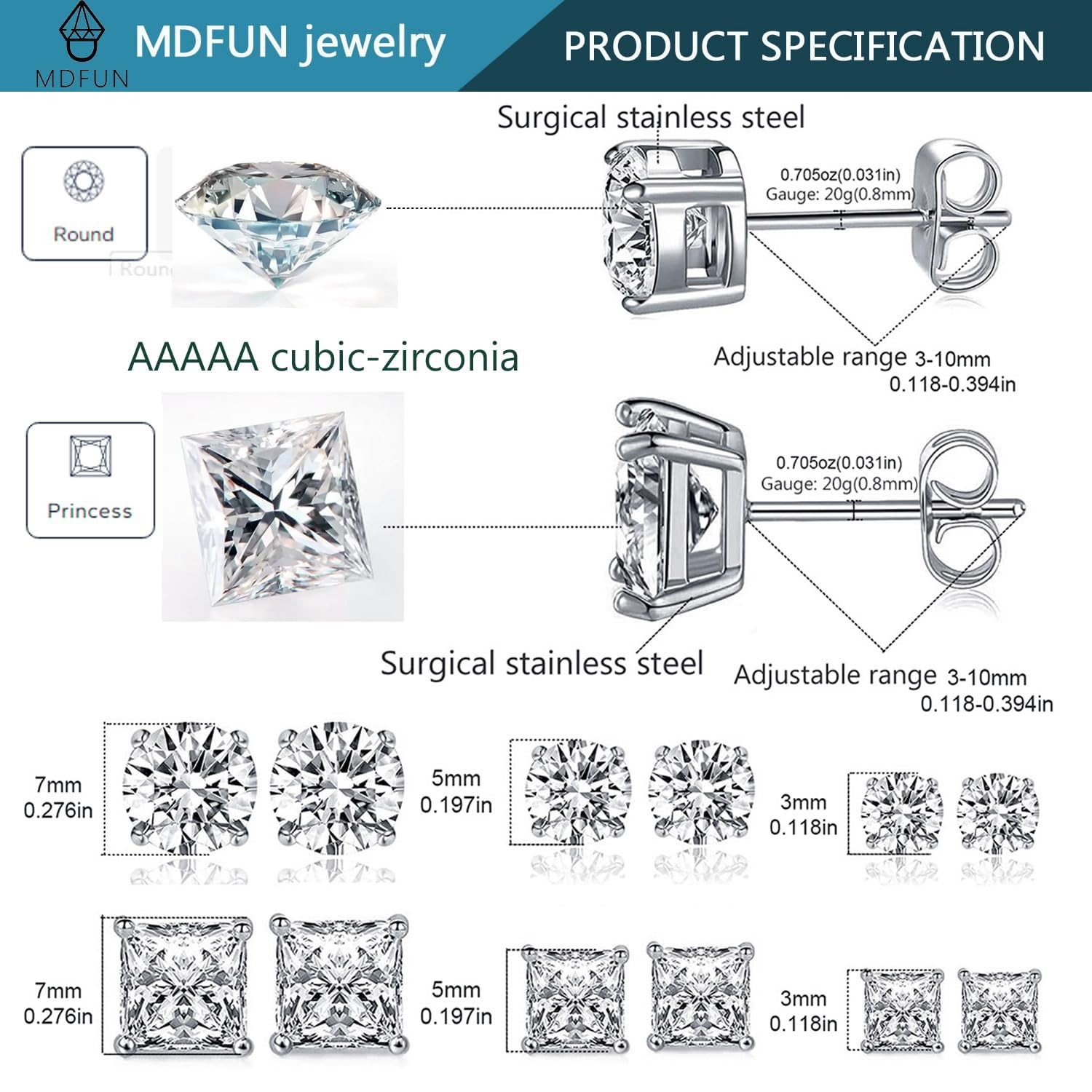 6 Pairs Earrings Set for Men 316L Stainless Steel 3/5/7mm CZ Round and Prince…