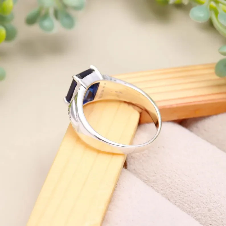 Solid 925 Sterling Silver Sapphire Engagement Ring for Men September Gift
