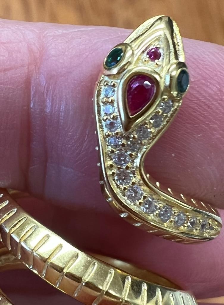 REAL Ruby Emerald Diamond Snake Ring 14K Y Gold on 925 wrap coiled Egyptian Rev