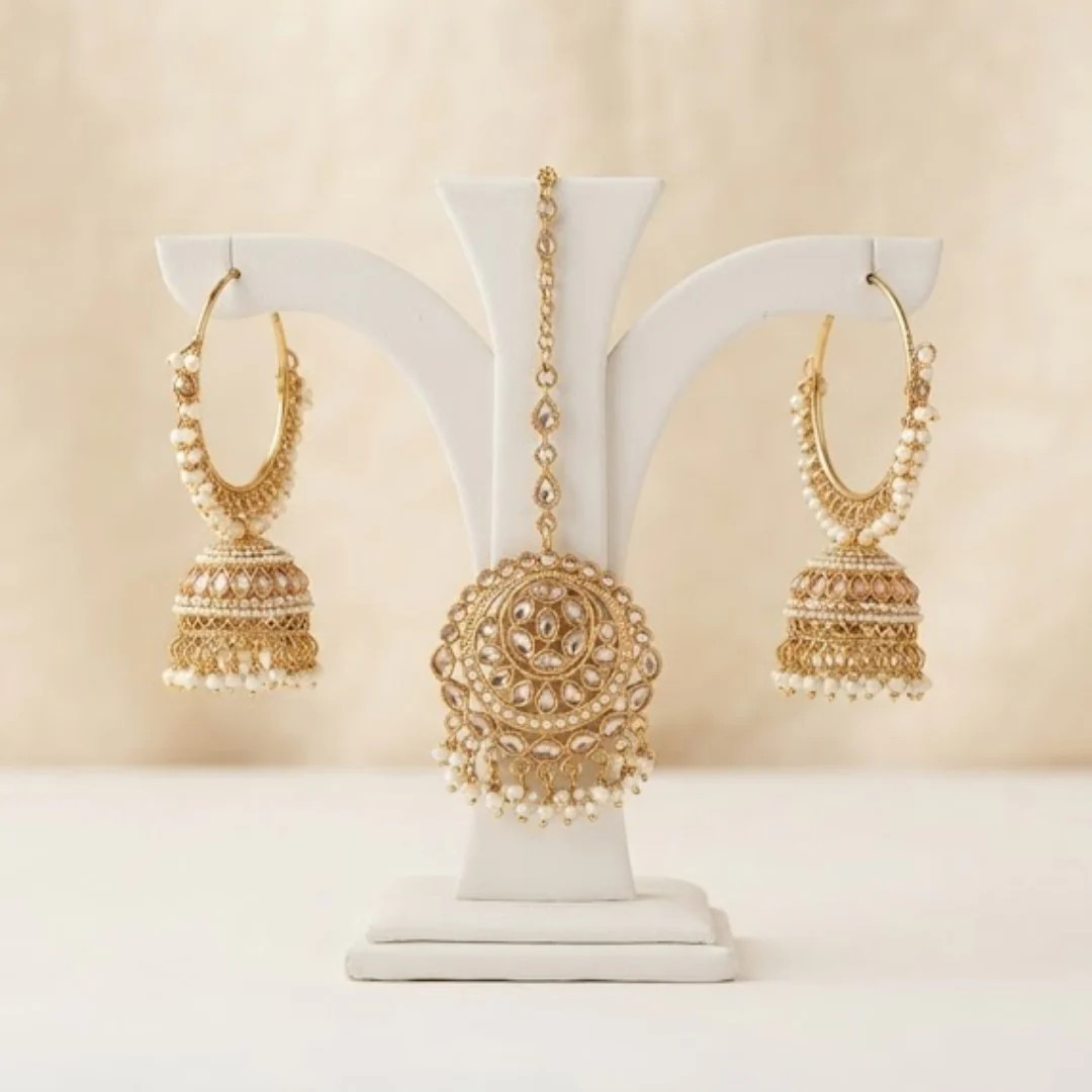 Dina Gold Jhumka tikka Earrings Set – Traditional Gold Tone Jhumka Earrings and